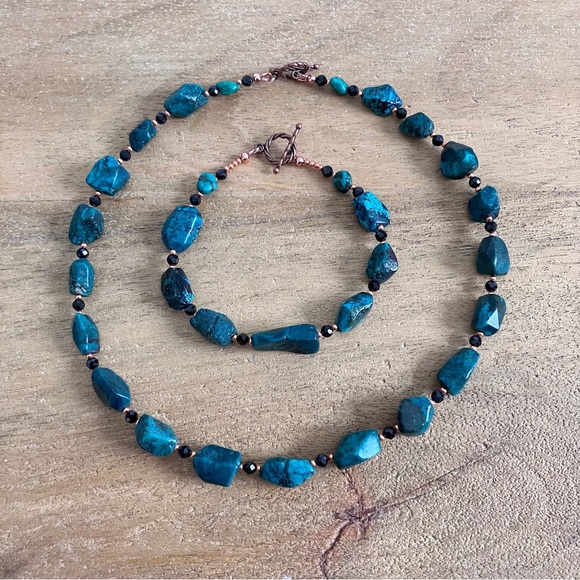 Rough Turquoise & Black Spinel Necklace & Bracelet Set - Solid Copper Spacers - Picture 9 of 9